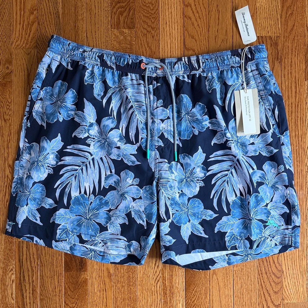 Tommy Bahama Navy Blue Swim Trunks with Light Blue Floral Print